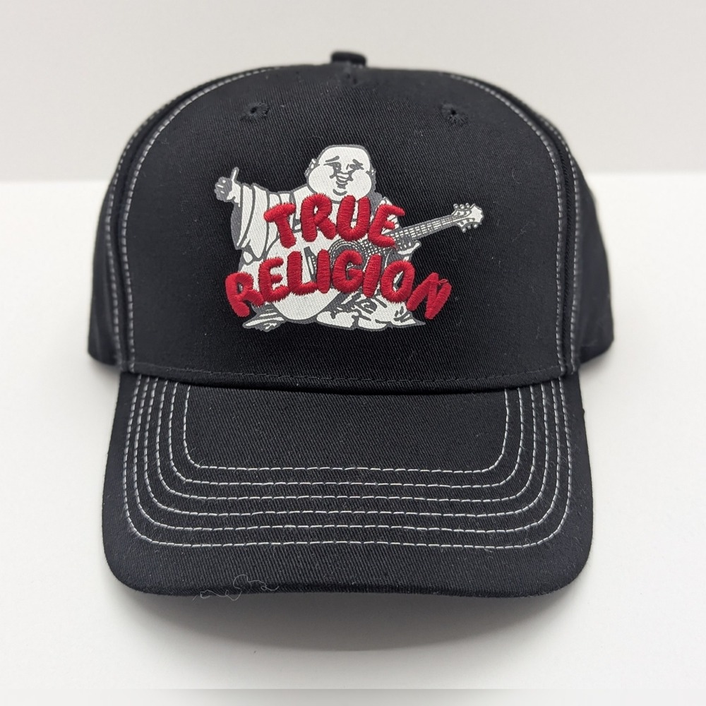 True Religion Jet Black True Buddha Embroidered Hat TR4239 Adjustable Cap NWT